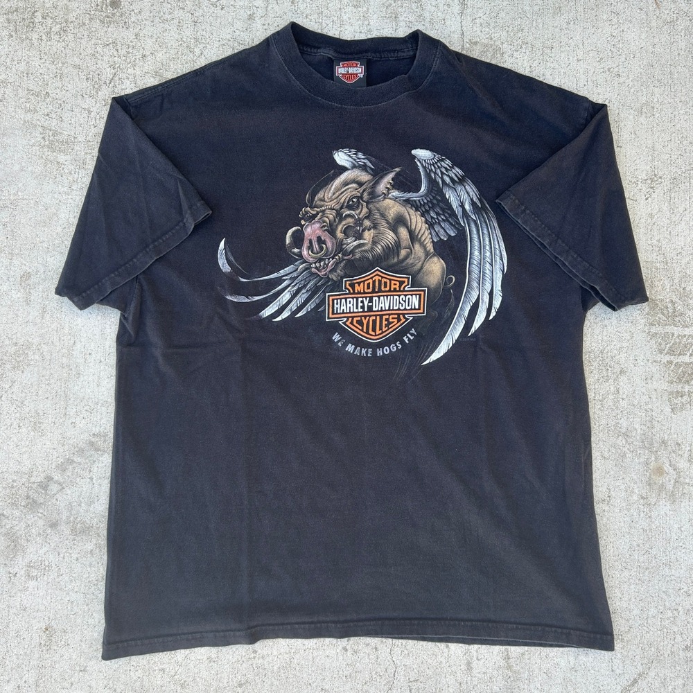 Harley Davidson Shirt Mens XL Black Rare Hogs Fly Vintage Graphic Tee